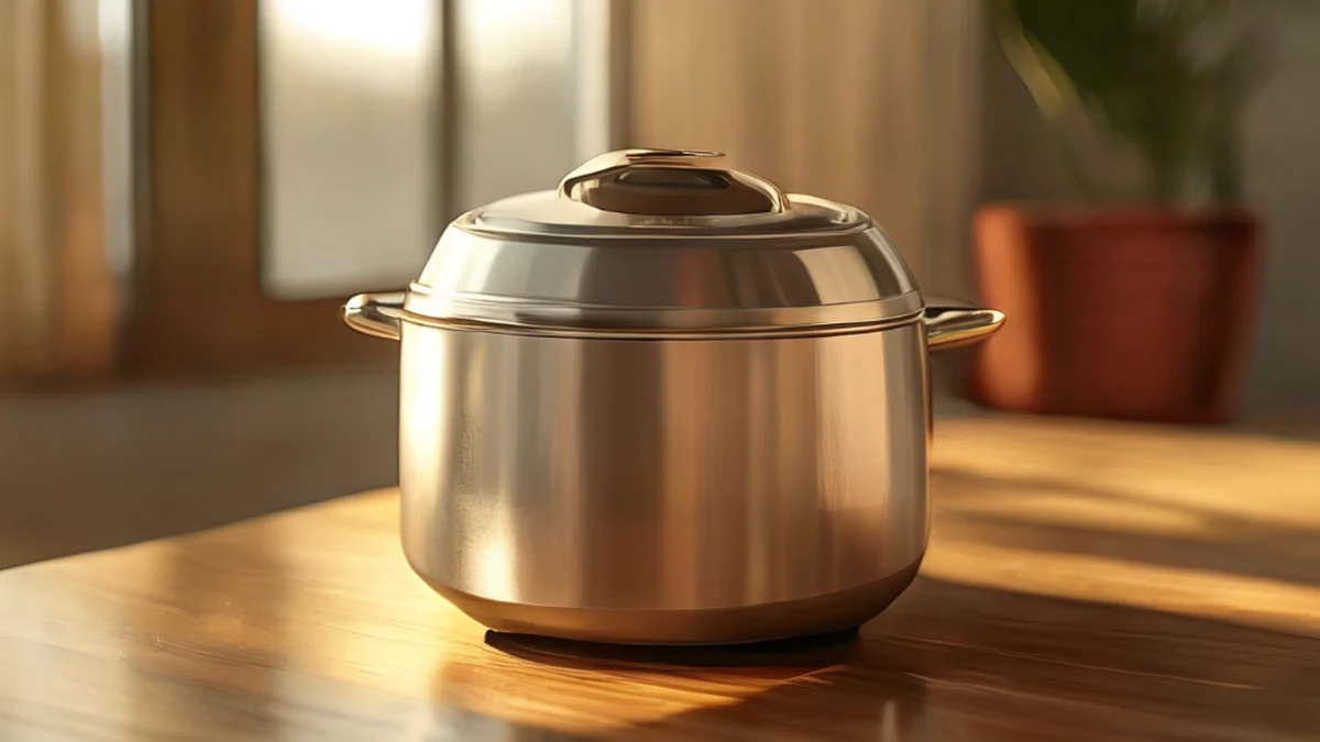 A white rice cooker with a digital display and a button for cooking mode.