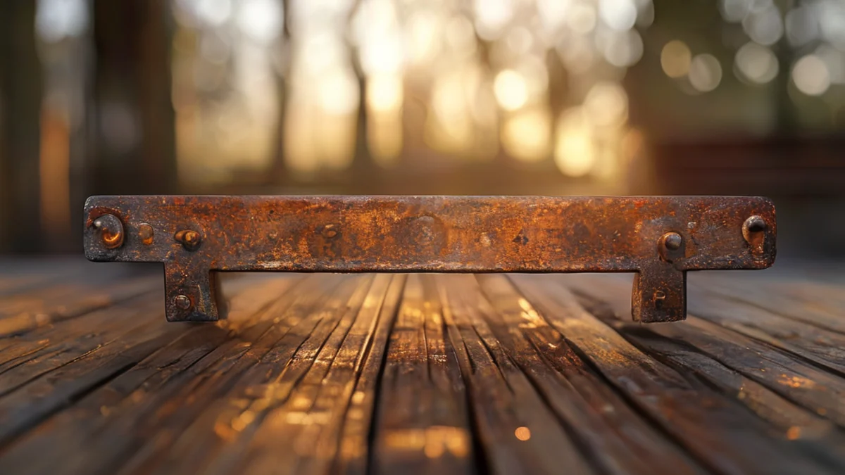 Supporto in acciaio centrale, angolato e solido, finitura rugginosa, tavolo in legno sotto la luce dorata, profondità di campo sottile, fotorealistico, focus acuto, dettagli elevati
