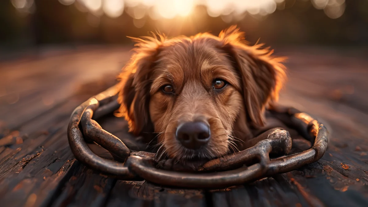 犬がチェーンリンクの首輪をつけています。