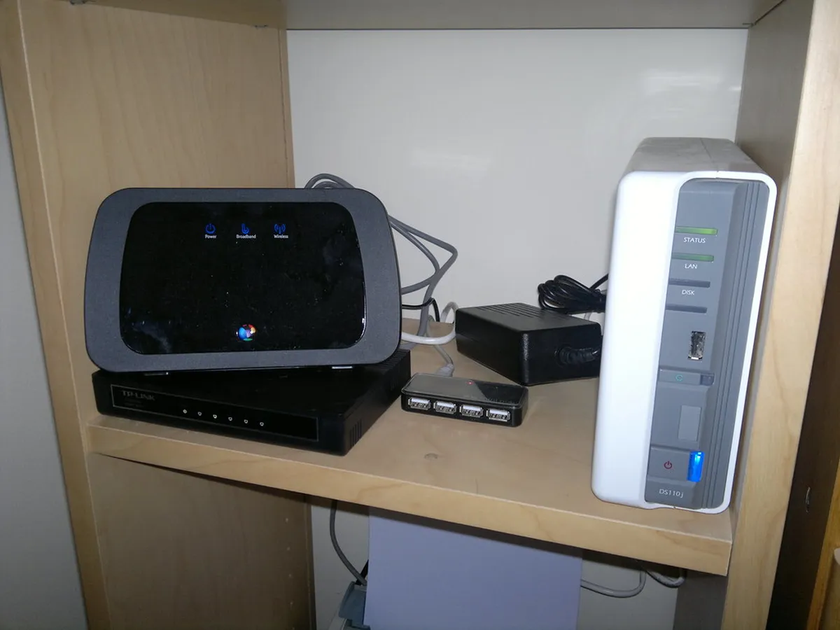 The router shelf (January 2012), bt, ethernet, gigabit, homehub3, hub, nas, router, server, synology, tplink, usb, furniture, indoors, room, seat