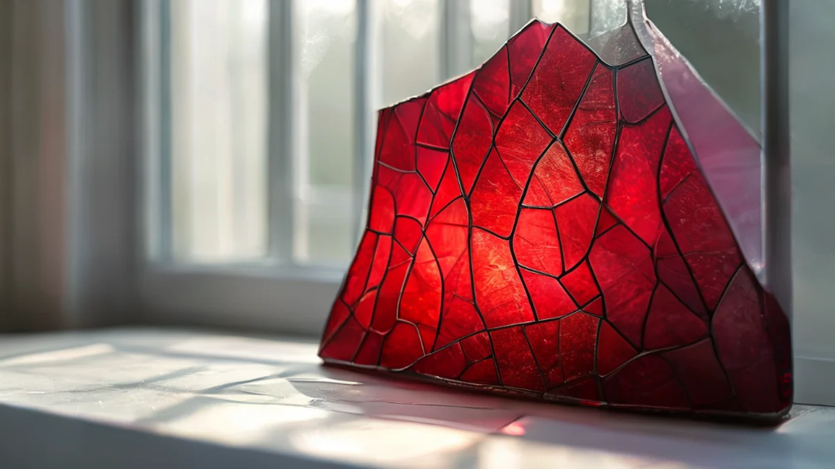 Gekleurde glasvenster met complexe patronen.